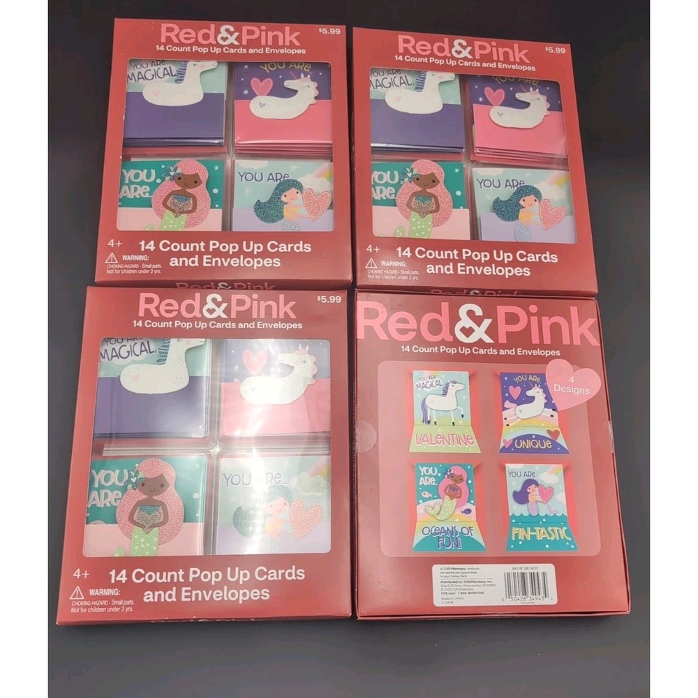 Red & Pink Pop Up Cards & Envelopes Unicorn mermaid Lot of 4 Boxes 56 Valentines